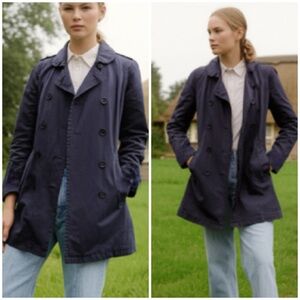 J Crew Navy Blue Classic‎ Twill Chino Preppy Double Breasted Cotton Pea Coat